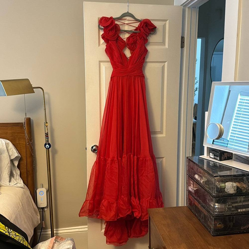 Mac Duggal Rosette Chiffon Cutout Empire Waist Gown